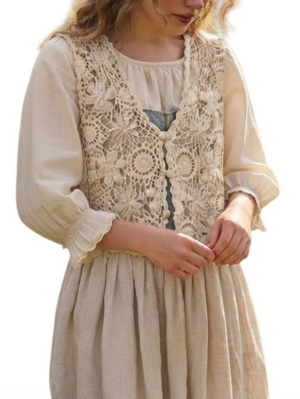 1990s Work in Progress by Gladys Bagley Crochet Floral Vest Cream Medium
